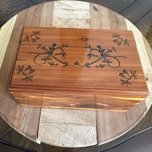 Vintage USA Artisan Cedar Trinket Jewelry Box 5x3 Inch Handcrafted Floral Design